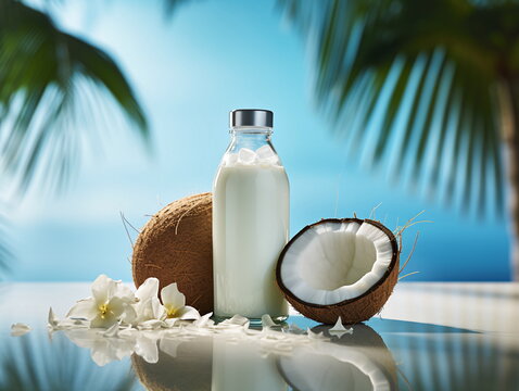 Tropical scene with coconut milk and whole coconut AI Generated