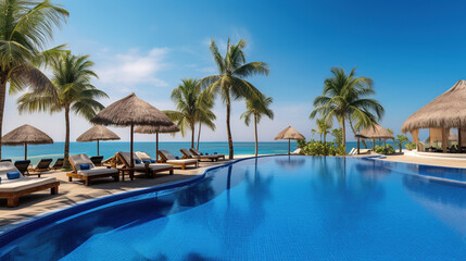 Luxury resort with swimming pool and loungers umbrellas. Sea in background