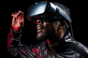 Side view of concentrated African American man with dark hair and beard in black clothes, and VR glasses touching air while exploring virtual reality in neon studio