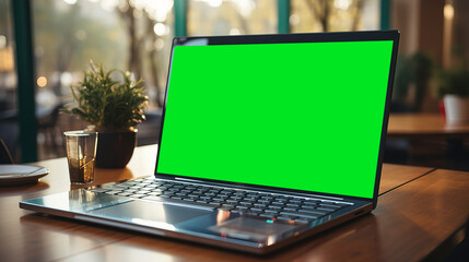 Concept of blank laptop isolated on blurred background in a cafe. 