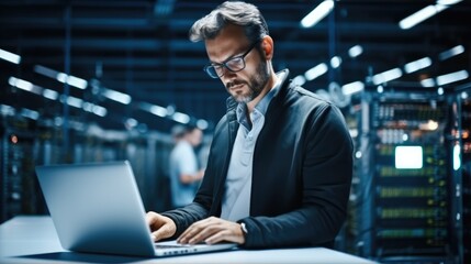 Administrator Working With Data Protection Engineering Network for Cyber Security in data center, Server Farm Cloud Computing Facility with System.