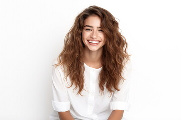 smiling happy woman sitting on white background. Long wavy hair and white blouse with ruffle sleeves - AI Generated