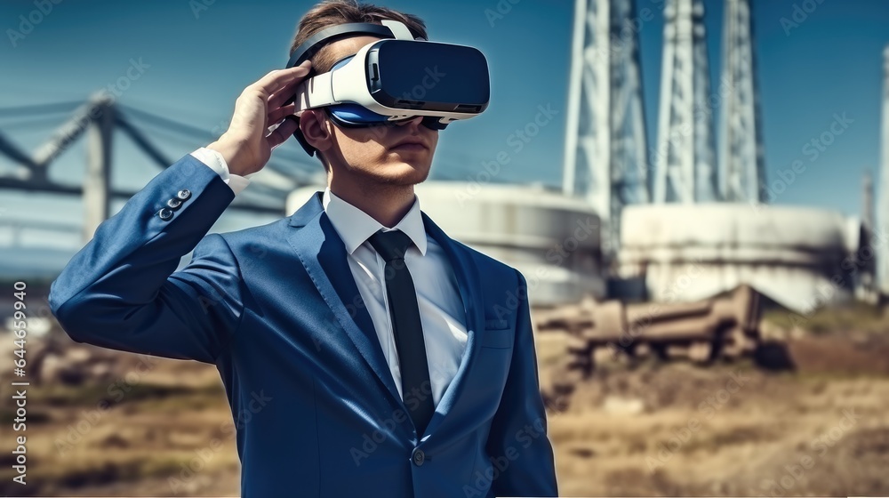 Poster businessman wearing virtual reality goggles during analyzing building structure at the construction 