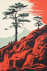 Yosemite National Park Retro Poster. Yellowstone Mountain Landscape. Pinnacles national park with rock formations. Vintage poster Arizona art illustration cliff - obrazy, fototapety, plakaty