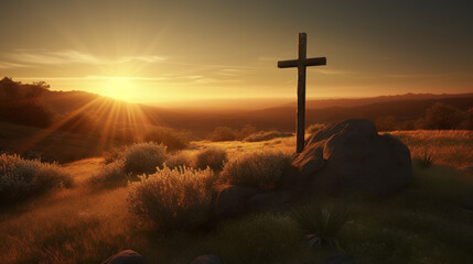 Cross at sunset in a field. Ascension day concept. Christian Easter. Faith in Jesus Christ....