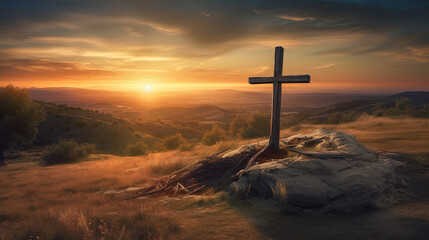 Cross at sunset in a field. Ascension day concept. Christian Easter. Faith in Jesus Christ. Christianity. Church worship, salvation concept