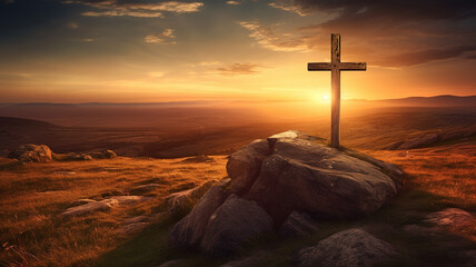 Cross at sunset in a field. Ascension day concept. Christian Easter. Faith in Jesus Christ....