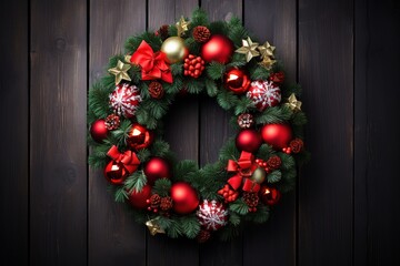 Traditional Christmas advent wreath over dark wooden door. Close up shot