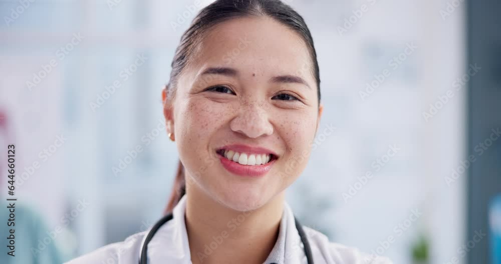 Sticker Happy, Asian face and doctor with pride in healthcare, medicine or cardiology surgeon in Singapore hospital with confidence. Medical, portrait or woman smile in clinic for professional health service