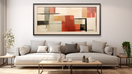 Abstract painting in red, orange, black, and white in a living room AI Generated