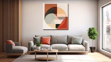 Living room with white couch and large abstract painting AI Generated