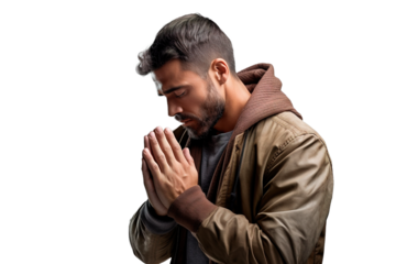 Young Latin American man praying isolated on white background
