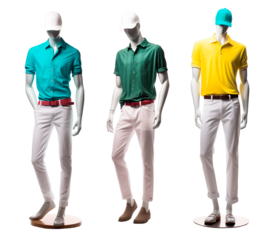 Set of male mannequin wearing colorful t-shirts in casual elegant sport style on isolated white background
