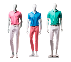 Three mannequins of casual elegant sport male colorful clothing over isolates transparent background