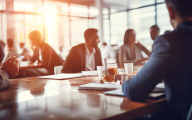 Fototapeta premium Blurred soft of people meeting at table business people talking in modern office