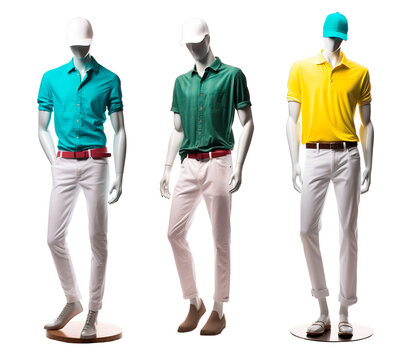 Set of male mannequin wearing colorful t-shirts in casual elegant sport style on isolated white background