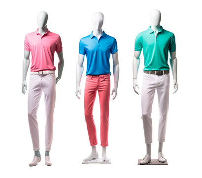 Three mannequins of casual elegant sport male colorful clothing over isolates transparent background