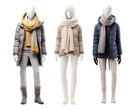 Three female mannequins displaying winter clothes over isolated transparent background