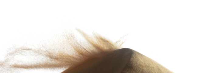 Wind blow on sand hill and splash fly in air. Sand dune hill over wind storm and blast dust splash over mountain. Sunshine afternoon on sand hill wind blow. White background isolated