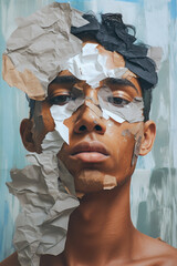 collage of a brown-skinned Mexican young man half hidden by scraps of paper feeling racism, alienation, fragmented identity for diversity and humanity