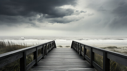 Boardwalk to beach . Storm approaching.   - obrazy, fototapety, plakaty