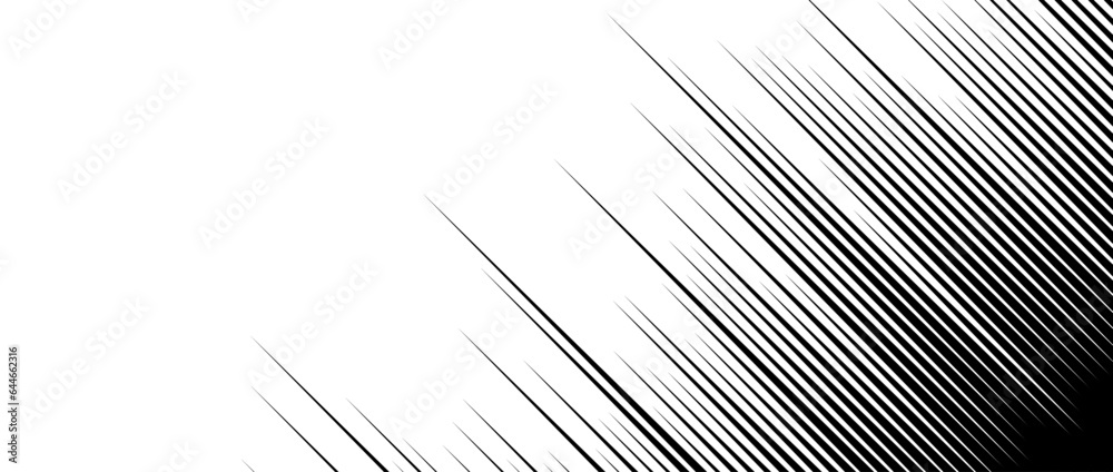 Poster Straight speed lines repeating pattern. Black and white diagonal stripes gradient. Abstract fast effect texture. Comic or cartoon book rays and beams wallpaper. Vector background