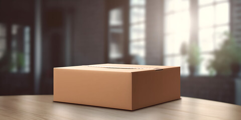 Small brown cardboard delivery box, defocused home interior background