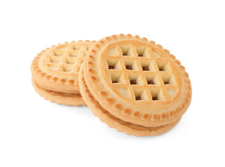 Tasty sandwich cookies with cream isolated on white