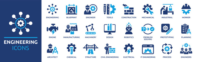 Engineering icon set. Containing blueprint, engineer, tools, construction, mechanical, industrial, worker, engine, manufacturing and machinery icons. Solid icon collection. Vector illustration. © Icons-Studio