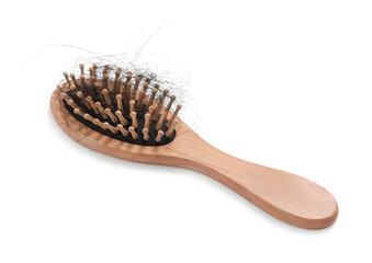 Wooden brush with lost hair on white background