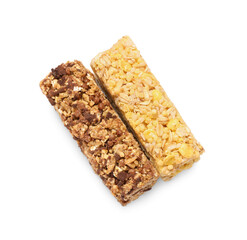 Different tasty granola bars isolated on white, top view