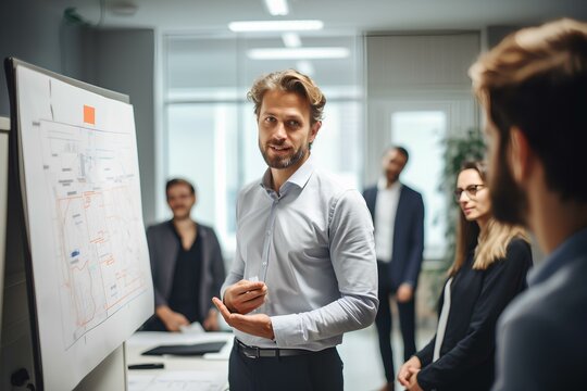 A young male corporate employee explaining his plan in front of a team of experts planning a project in the office. generative AI