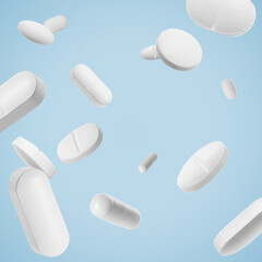 Many different pills falling on light blue background