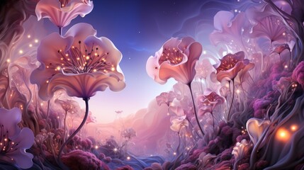 An abstract fantasy illustration with soft pink tones. Generative AI. 