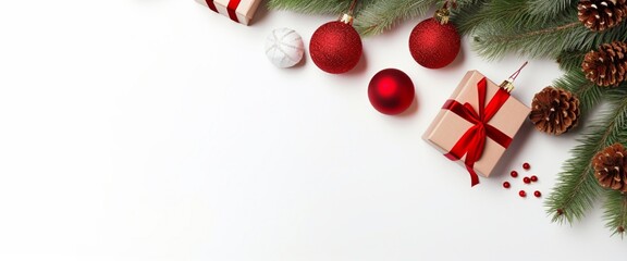 Merry Christmas and Happy New Year banner with blank space for text with Christmas balls and decoration  on a white background 