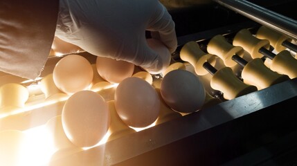 Quality control checks the eggs on the egg weighing machine conveyor.