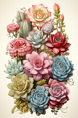 A professional digital art illustration hand painted style of succulent clipart collection on white background. 
