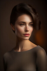 Naklejka premium A beautiful 40 year old woman is sad and crestfallen in a photo shoot. Generative AI_12.