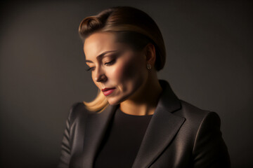 Fototapeta premium A beautiful 40 year old woman is sad and crestfallen in a photo shoot. Generative AI_11.
