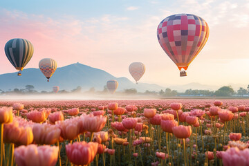 Flying on the balloon over the field of blooming flowers. 