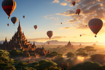 Several hot air balloons fly over Bagan, Myanmar at sunset.  - obrazy, fototapety, plakaty