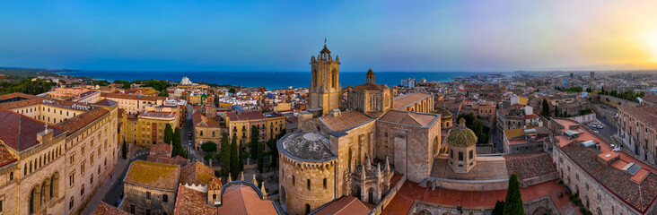 Aerial view of the Primatial Cathedral of Tarragona, a Roman Catholic church in Tarragona, Catalonia, Spain