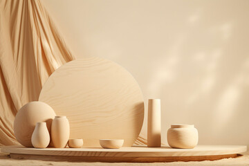 Fototapeta na wymiar Neutral Beige Geometric Product Display Background Wooden Plates Vases Natural Light Disc Podium