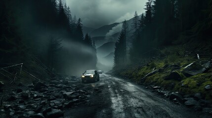 Image of travel on the road through the forest.