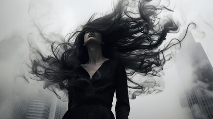 Image of a woman with flowing hair against the backdrop of skyscrapers.