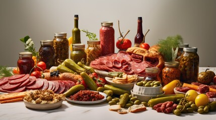 Image of a variety of meats, sausages and bright and crispy pickles.
