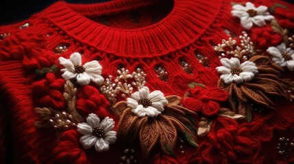 Image of a designer Christmas sweater with classic holiday motifs.