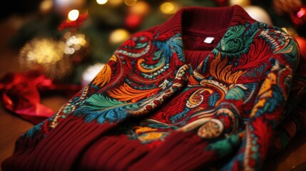 Image of a designer Christmas sweater with classic holiday motifs.