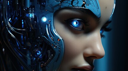 An image of a visually charming female cyborg with a blue eye scanner.