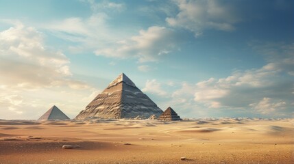 An image of a massive pyramid rising above the sand dunes of a vast desert.